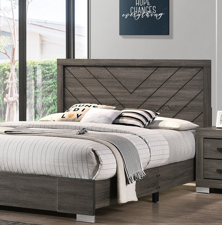Stylish Grey Wooden Queen Bed with Unique Headboard Design