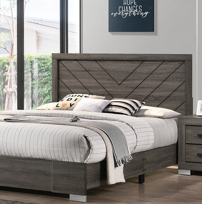 Stylish Grey Wooden Queen Bed with Unique Headboard Design