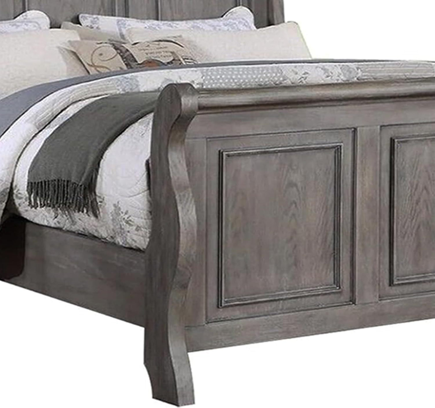 Elegant Antique Gray Oak California King Sleigh Headboard Panel Bed – Stylish Wooden Bedroom Furniture