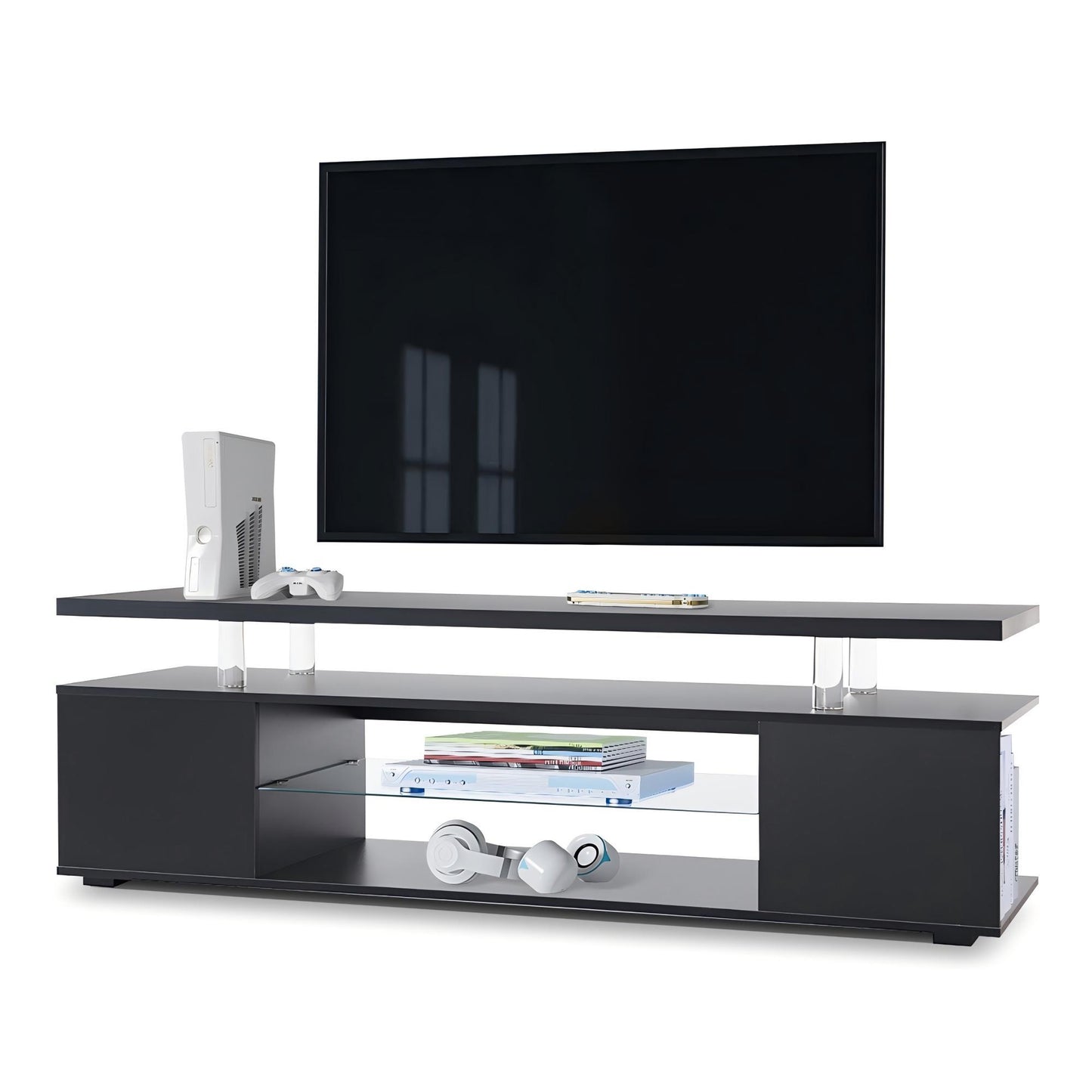 60-Inch TV Stand with 3 Hidden Cabinets & Open Shelf, Media Console for Living Room, MDF Wood Black