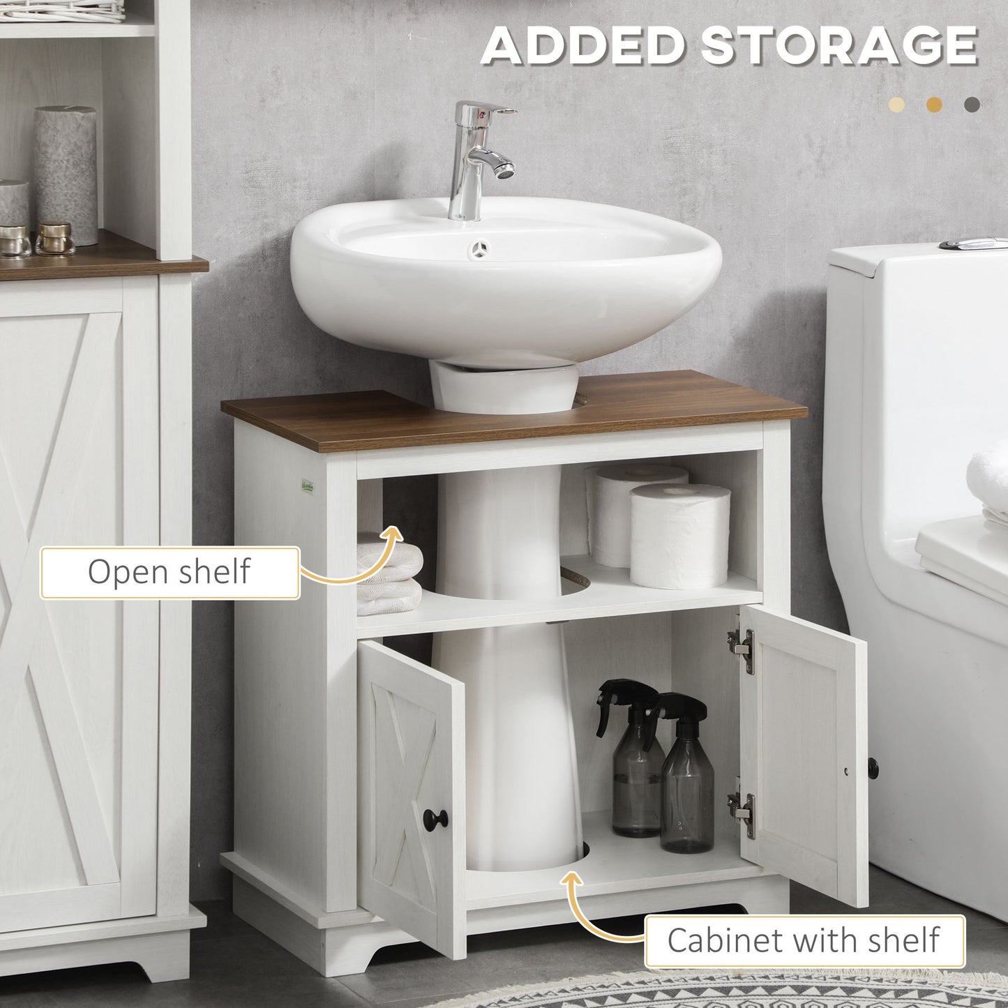 Farmhouse Style Under Sink Cabinet with Double Doors and Shelves for Bathroom Storage - White