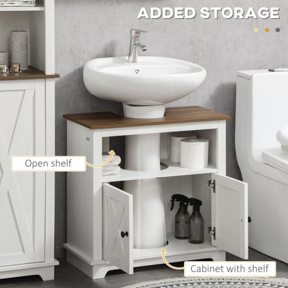 Farmhouse Style Under Sink Cabinet with Double Doors and Shelves for Bathroom Storage - White