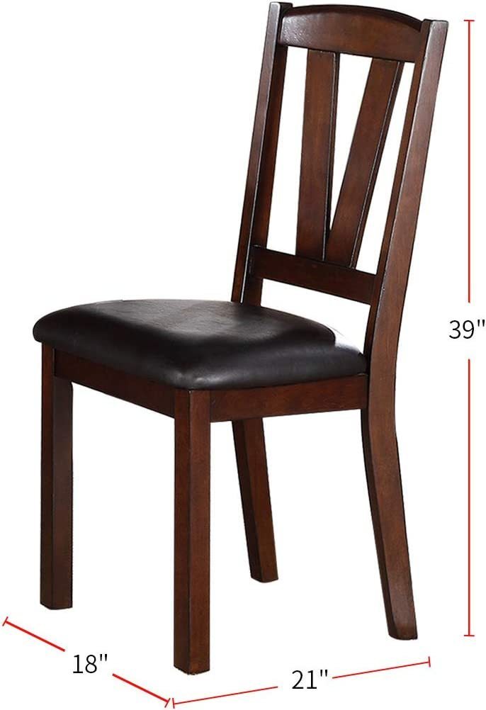 Set of 2 Dining Chairs, Solid Wood Rubberwood, Faux Leather Cushions, V-Back, 18x21x39 Dark Walnut