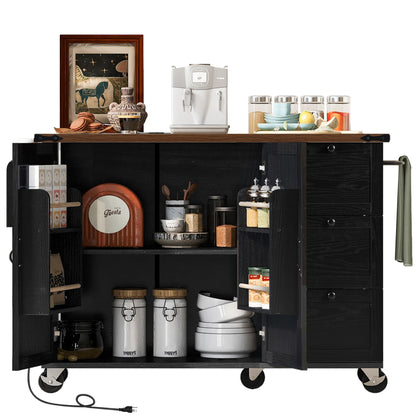 54.5" Rustic Farmhouse Kitchen Island with Power Outlet, Internal Storage, Drop Leaf, and Rolling Wheels for Home and Dining Room - Black