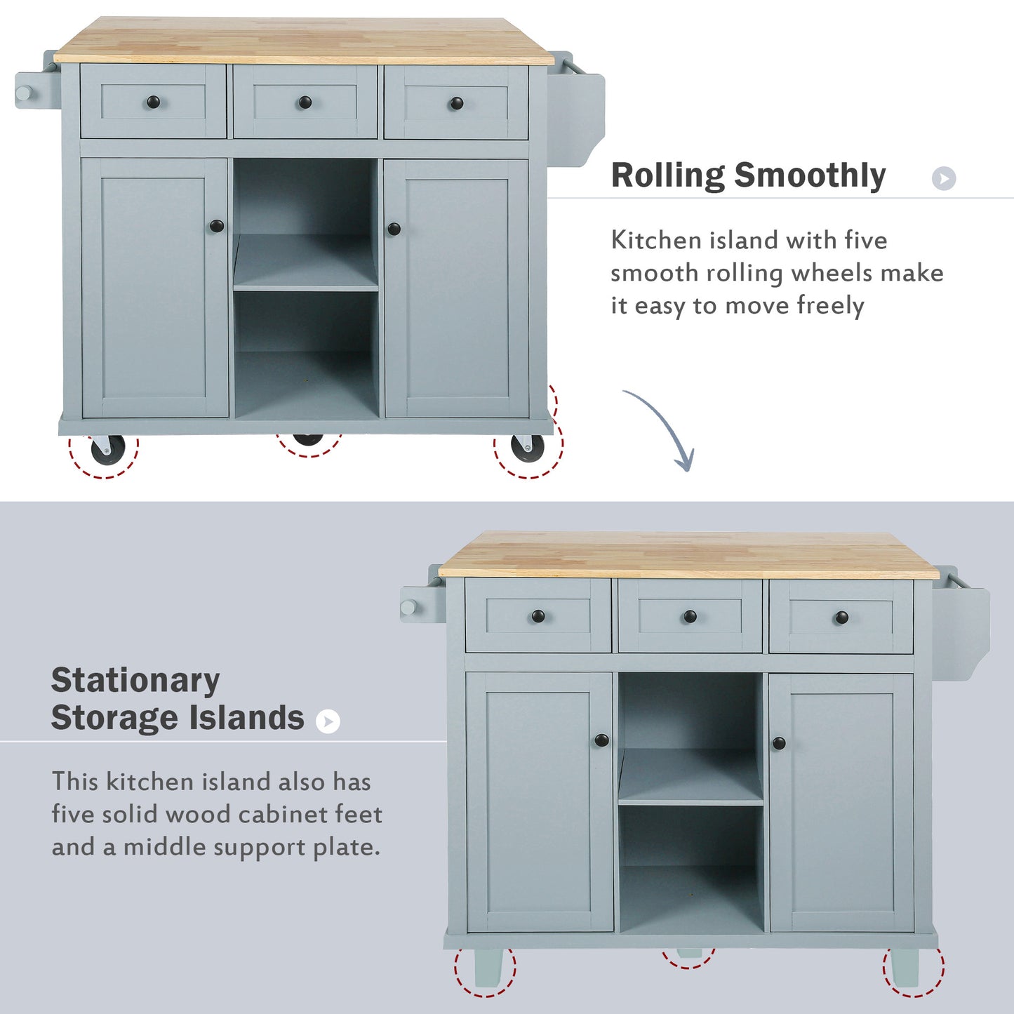 Multi-Functional Kitchen Island Cart with Rubber Wood Drop-Leaf Top, Storage Drawers, and Adjustable Shelving in Grey Blue