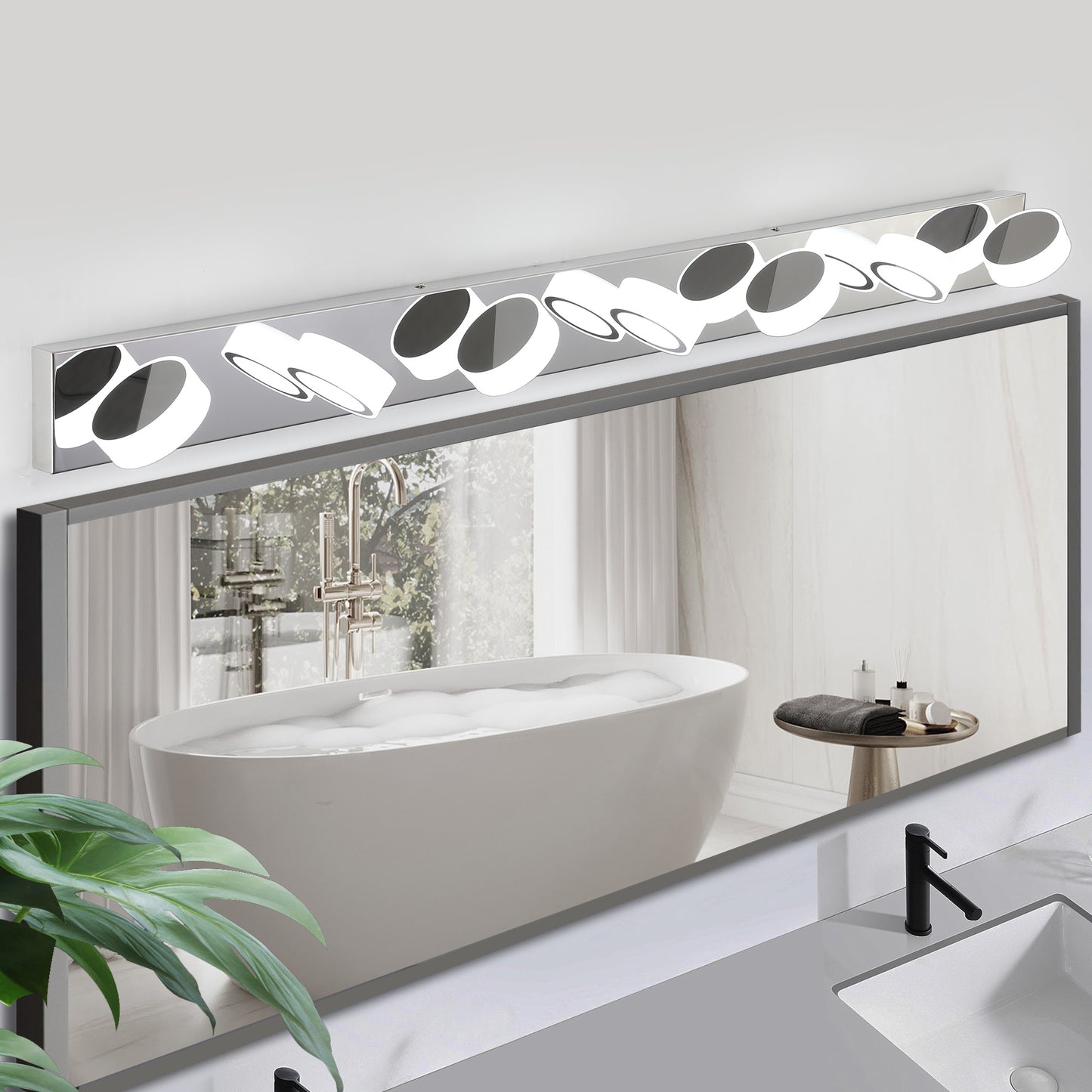 7-Light LED Vanity Sconce with Acrylic Shades, Dimmable, 52-Inch Length, Energy-Efficient Bathroom Chrome