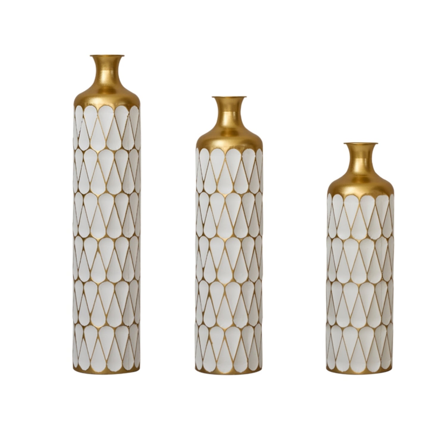 Floor Vase Set - Modern Droplet Metal Vases, 3-Piece Tall Centerpieces, Living Room Decor, Gold and White