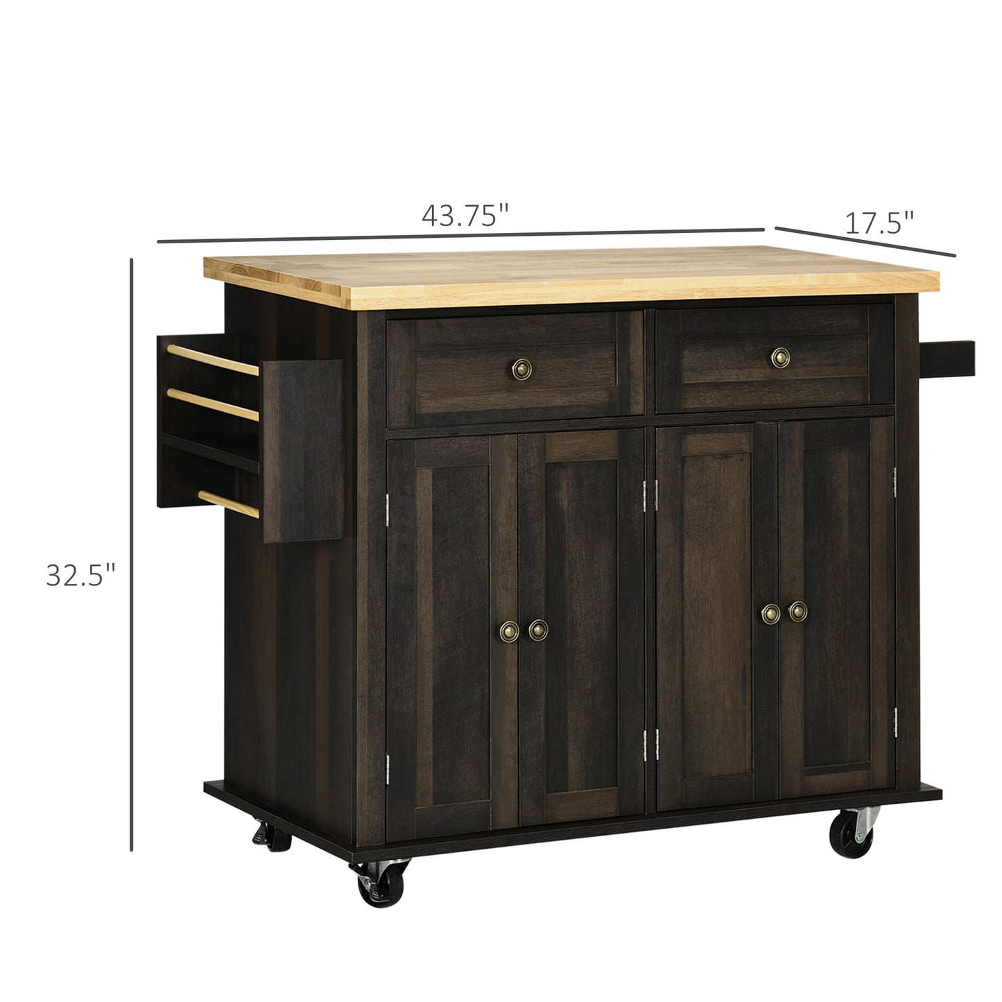 Modern Brown Oak Rolling Kitchen Island Cart with Spice Rack and Adjustable Shelves