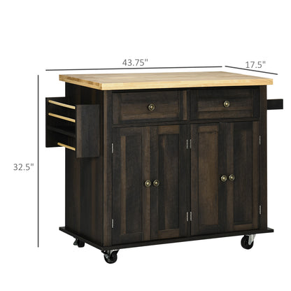 Modern Brown Oak Rolling Kitchen Island Cart with Spice Rack and Adjustable Shelves