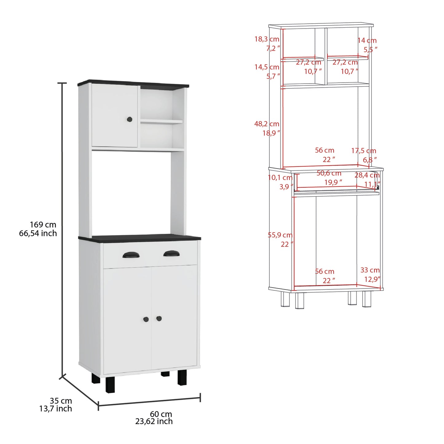 Modern Multicolor Kitchen Pantry with Cabinets, Open Shelves, and Drawer