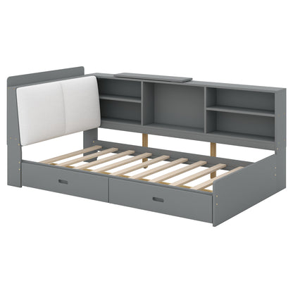 Gray Wood Twin Platform Bed with Storage Headboard, Shelves, and Dual Drawers