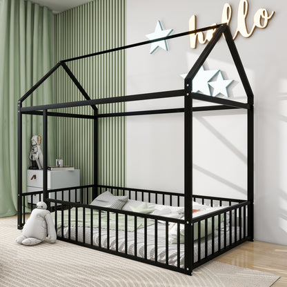 Twin Size Black Metal House Bed Frame with Playful Roof and Fence for Kids and Teens