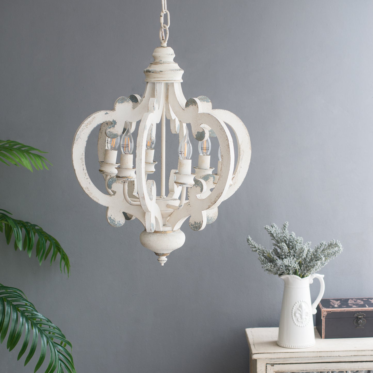 French Country 6-Light Wood Chandelier with Adjustable Chain, Bulbs Not Included, Whitewashed Beige