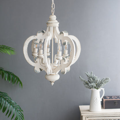 French Country 6-Light Wood Chandelier with Adjustable Chain, Bulbs Not Included, Whitewashed Beige