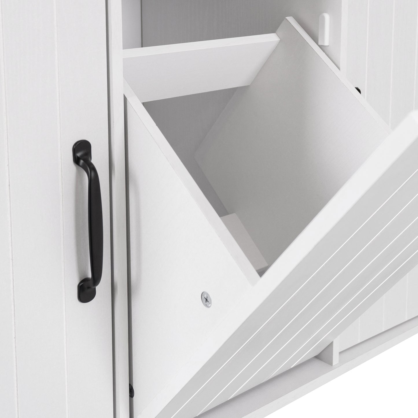 Rolling White Kitchen Island with Drop Leaf and Tilt-out Trash Can Storage, Spice Rack & Towel Rack