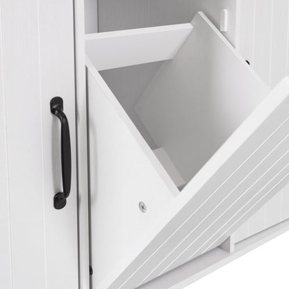 Rolling White Kitchen Island with Drop Leaf and Tilt-out Trash Can Storage, Spice Rack & Towel Rack