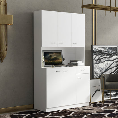Elegant 70.87" Tall White Wardrobe & Kitchen Cabinet with 6 Doors, 1 Drawer, and Open Shelves for Stylish Storage