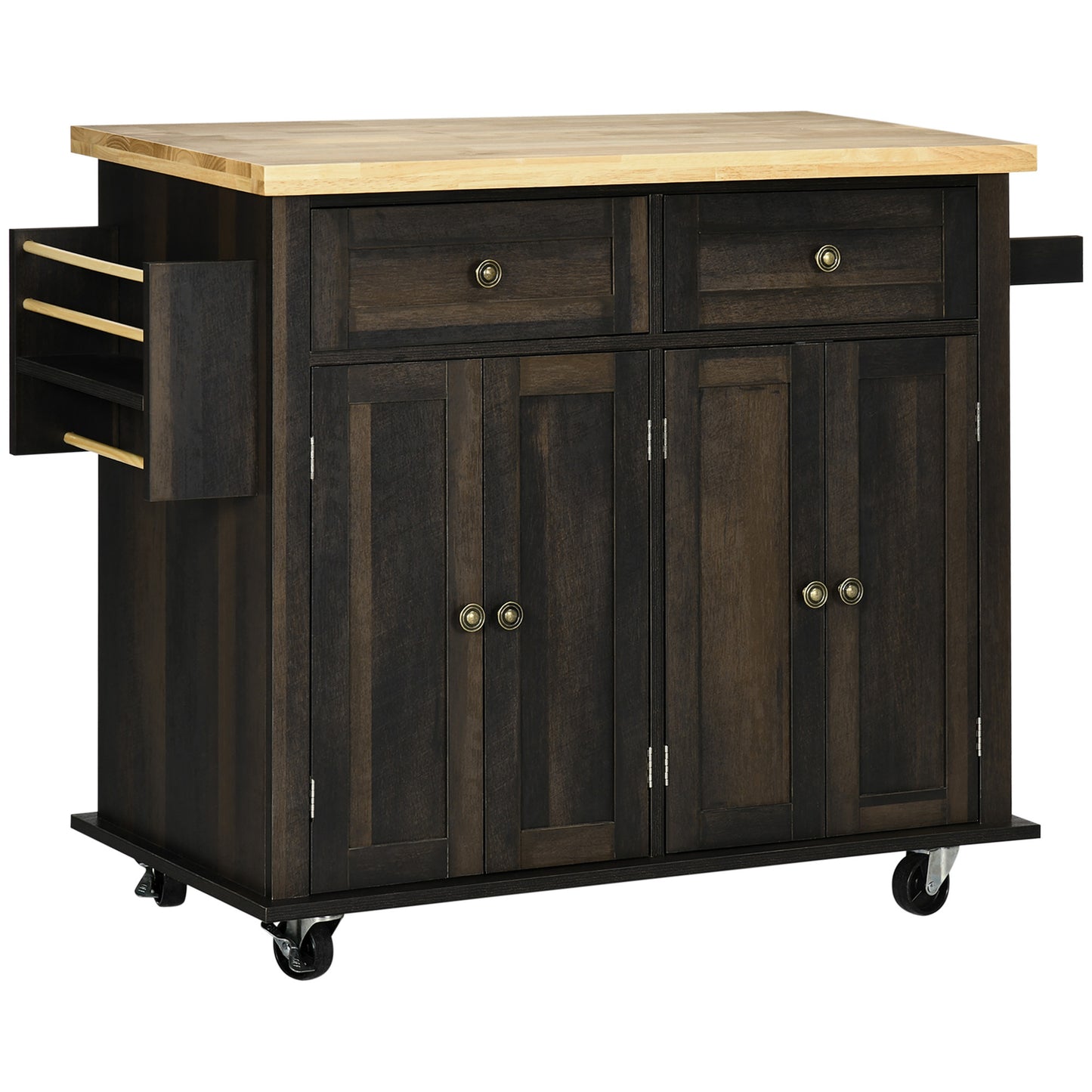 Modern Brown Oak Rolling Kitchen Island Cart with Spice Rack and Adjustable Shelves