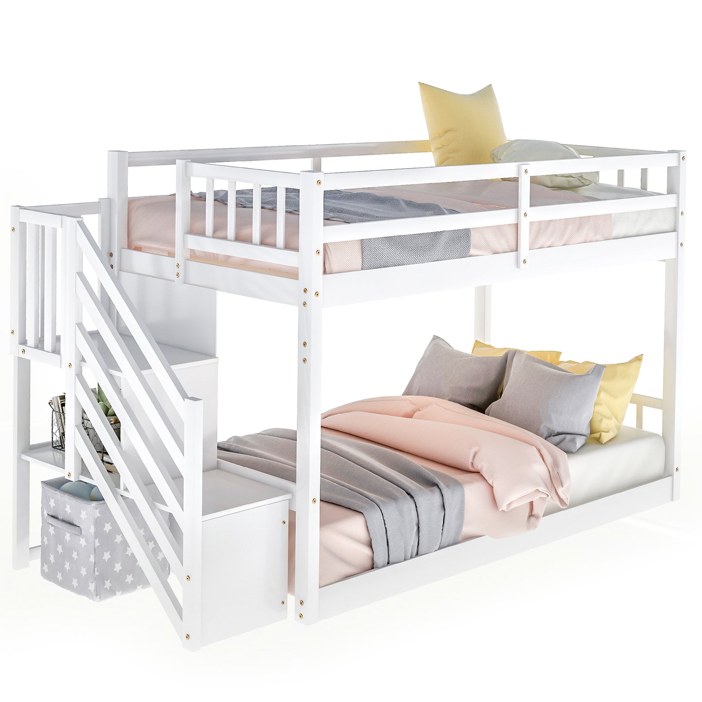 Space-Saving Twin Over Twin Bunk Bed with Storage Ladder in White