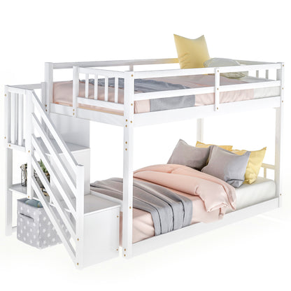Space-Saving Twin Over Twin Bunk Bed with Storage Ladder in White