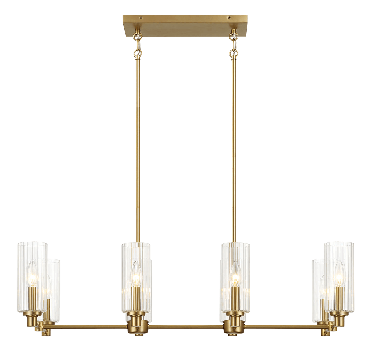 Eight-Light Island Pendant Light with Clear Ribbed Glass, 36in Long, 15in Wide, 9in High, Satin Brass