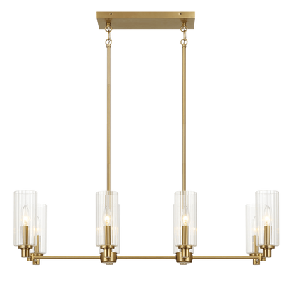 Eight-Light Island Pendant Light with Clear Ribbed Glass, 36in Long, 15in Wide, 9in High, Satin Brass
