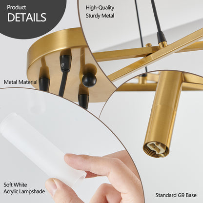 Branch-Design Pendant Chandelier with Frosted Tubes, Adjustable Height Dining/Living, Hard-Wired, Gold