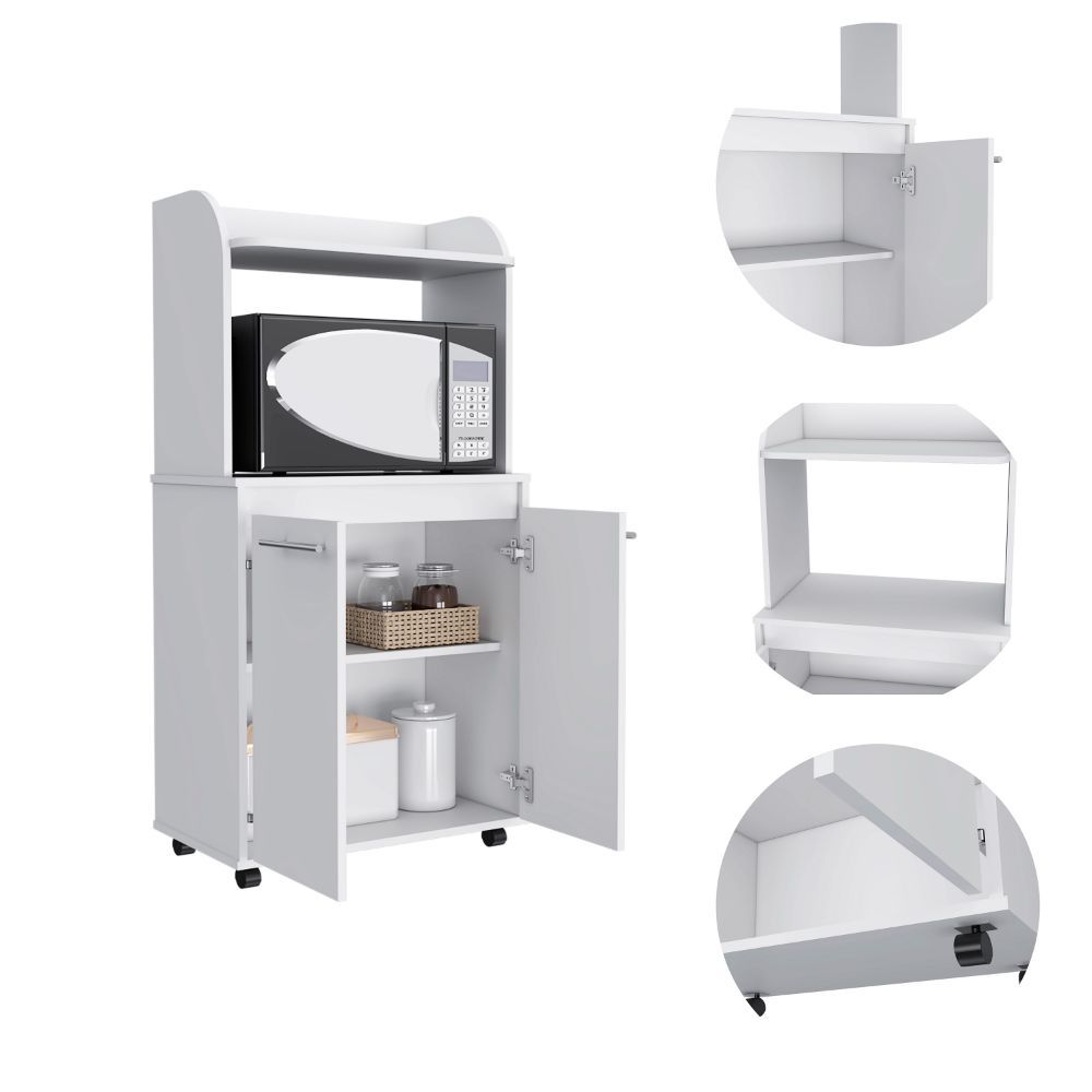 White 2-Door Kitchen Pantry with Microwave Shelf and Caster Wheels
