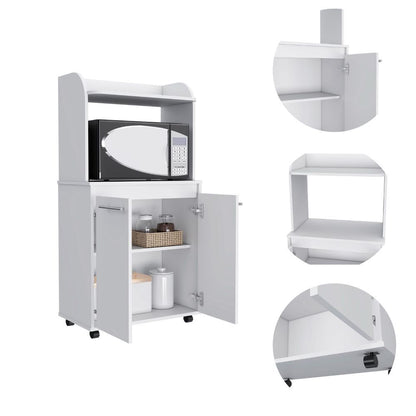 White 2-Door Kitchen Pantry with Microwave Shelf and Caster Wheels