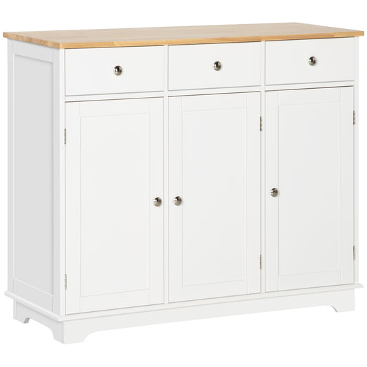 HOMCOM Sideboard with Solid Wood Countertop, Modern Kitchen Storage Cabinet, Coffee Bar Cabinet with 3 Drawers, Doors and Adjustable Shelf, White