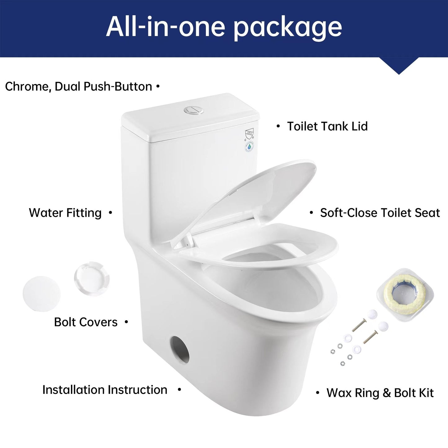 Elongated Comfort Height One-Piece Toilet with Quiet Dual-Flush System, CUPC & WaterSense Certified, White Ceramic, Soft Close Seat