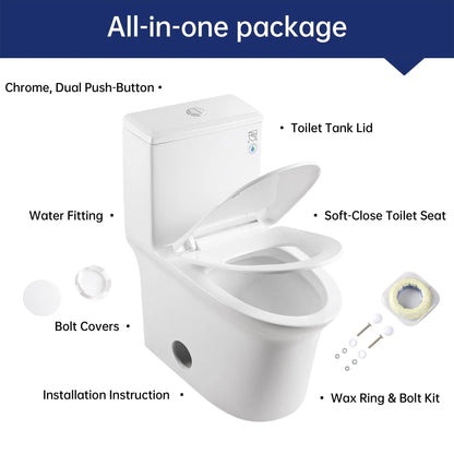 Elongated Comfort Height One-Piece Toilet with Quiet Dual-Flush System, CUPC & WaterSense Certified, White Ceramic, Soft Close Seat