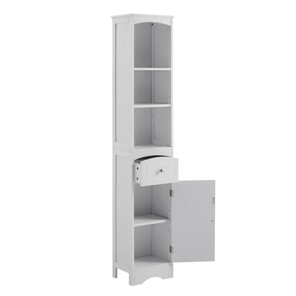 White Freestanding Tall Storage Cabinet for Bathroom with Adjustable Shelves and Drawer, MDF Construction
