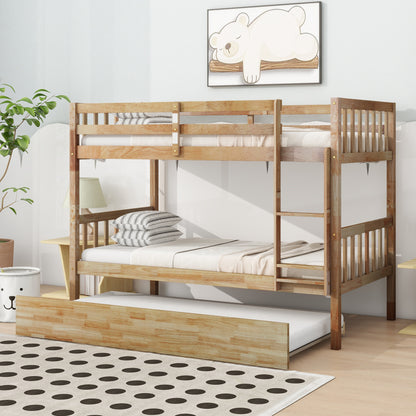 Convertible Twin Over Twin Bunk Bed with Trundle, Rubber Wood Design, Ladder & Safety Guardrails, Natural Finish