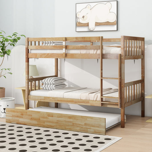 Convertible Twin Over Twin Bunk Bed with Trundle, Rubber Wood Design, Ladder & Safety Guardrails, Natural Finish