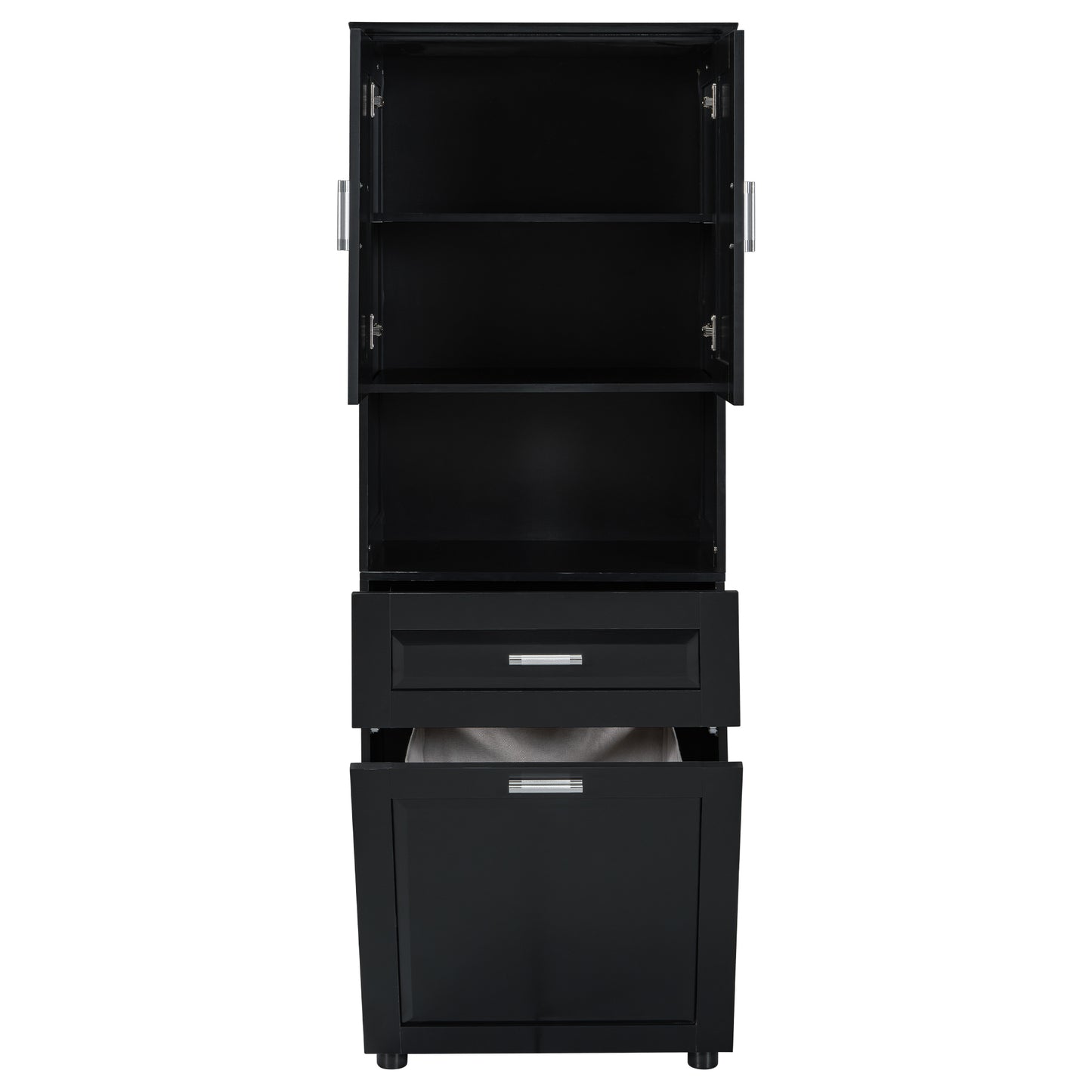 Stylish Tall Black Bathroom Storage Cabinet with Removable Laundry Basket and Ample Organizing Space