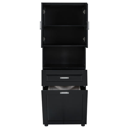 Stylish Tall Black Bathroom Storage Cabinet with Removable Laundry Basket and Ample Organizing Space