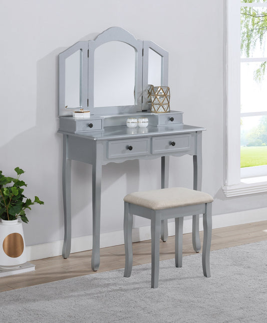 Wooden Vanity Makeup Table and Stool Set for Bedroom, Classic Dressing Table, Silver