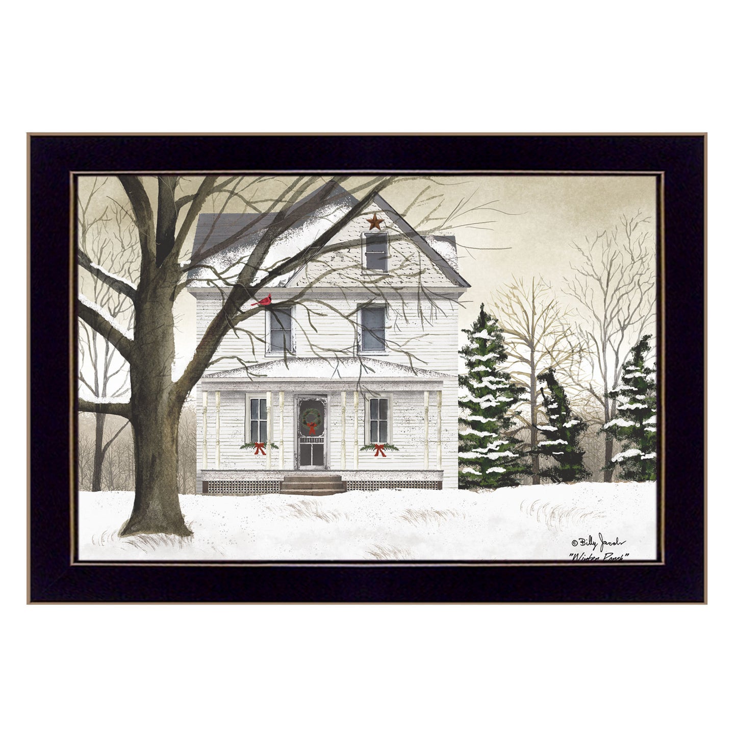 Winter Porch Wall Art Print, 14 x 18-Inch Ready-to-Hang Framed Poster, Paper, Multicolor, Home Black