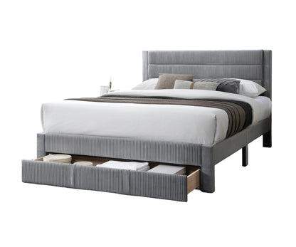 Elegant Gray Corduroy Queen Size Bed Frame with Storage Drawer and Modern Design