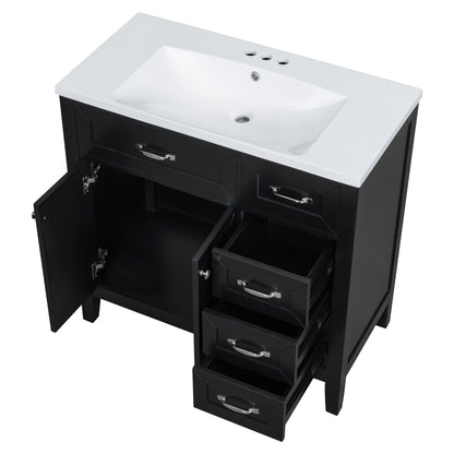 Stylish 36-Inch Black Bathroom Vanity with Integrated Sink, Durable MDF and Solid Wood Construction, Convenient Storage Drawers