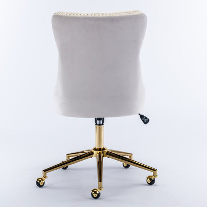 Velvet Tufted Button Office Chair with Golden Base - Adjustable Swivel Desk Chair in Beige