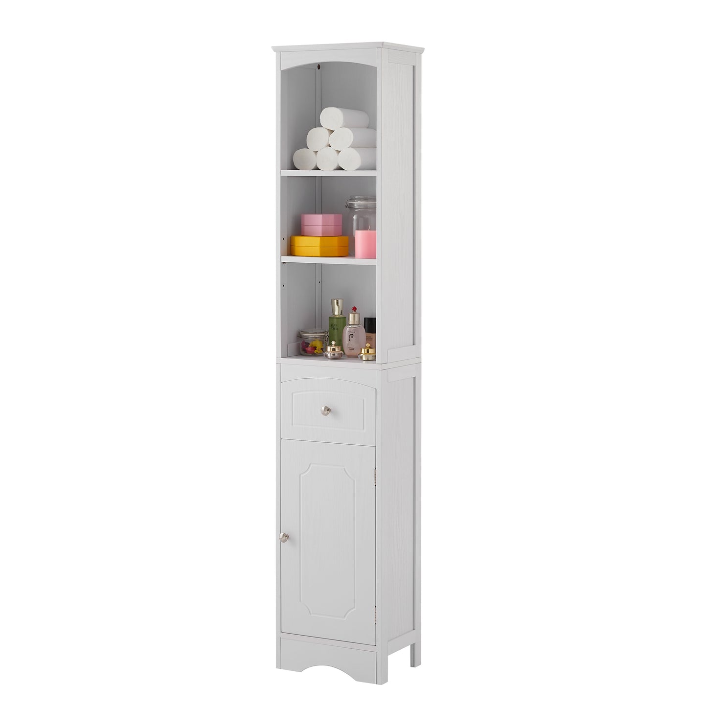 White Freestanding Tall Storage Cabinet for Bathroom with Adjustable Shelves and Drawer, MDF Construction