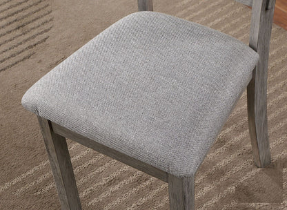 Set of 2 Padded Ladder Back Dining Room Chairs, Rubberwood, Fabric Upholstery, Rustic Wire-Brushed Finish Gray