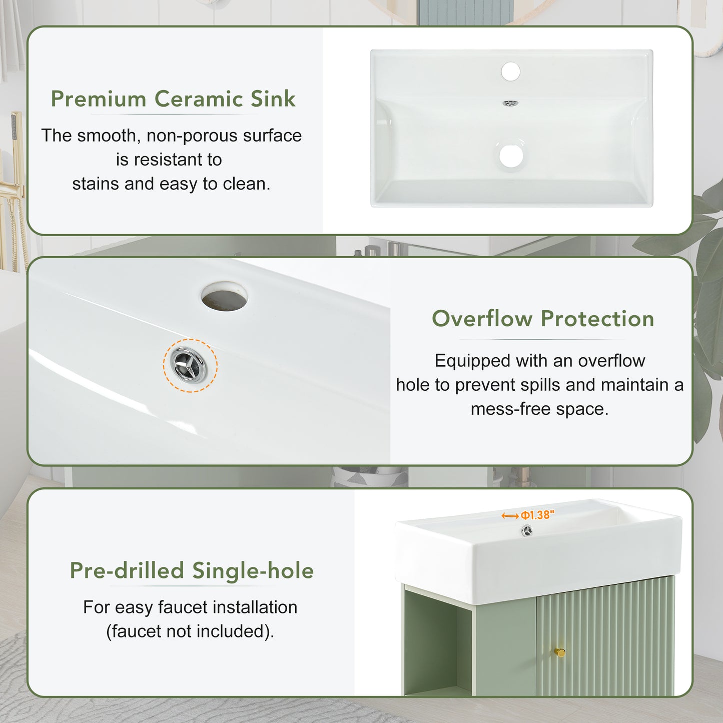 Contemporary 21.6" Green Bathroom Vanity with Left Side Storage and Ceramic Sink