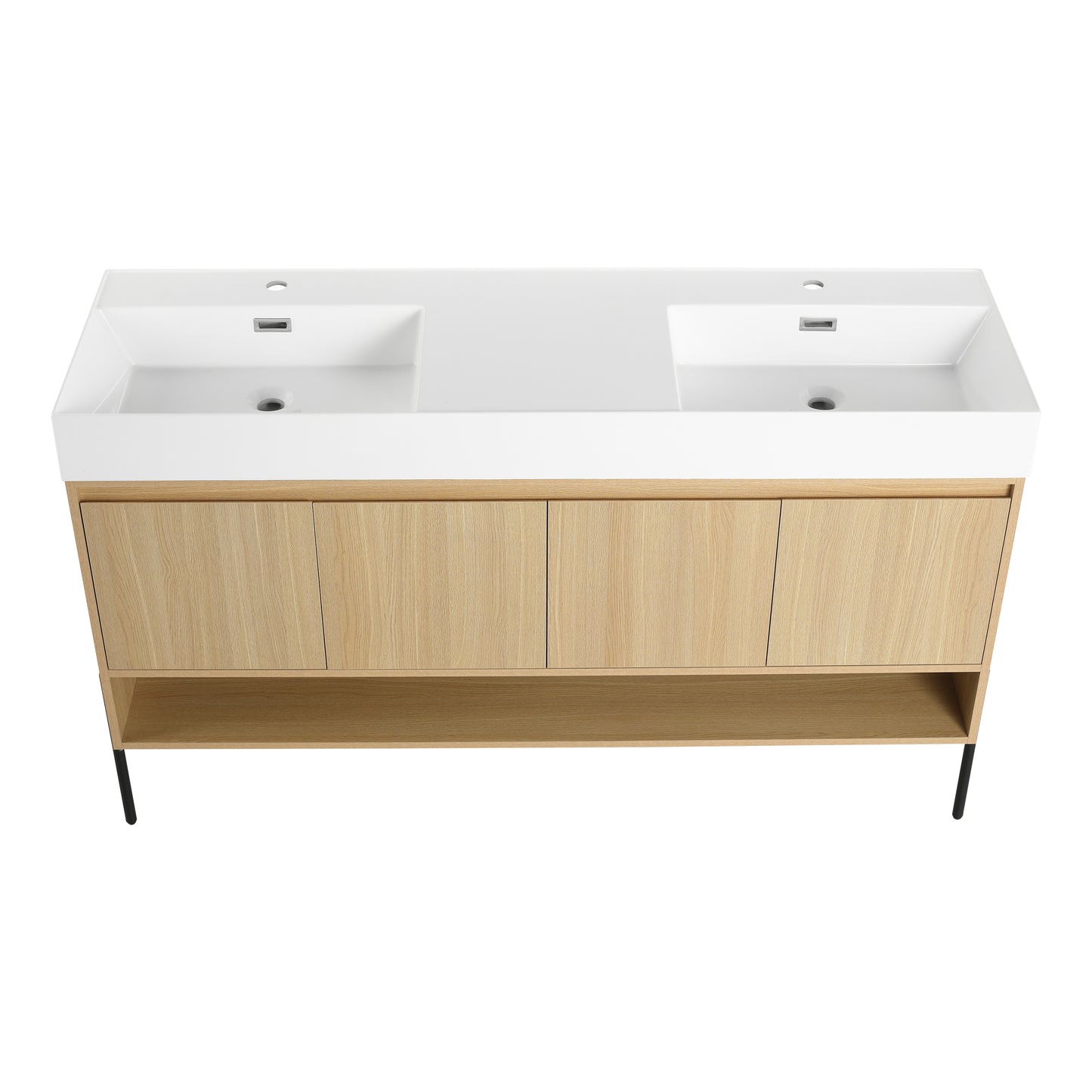 60-Inch Modern Oak Bathroom Vanity Set with Single Resin Sink and 4-Door Storage Cabinet