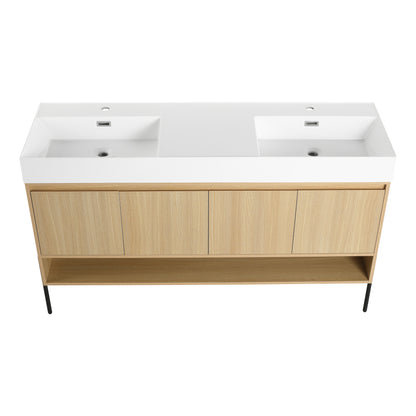 60-Inch Modern Oak Bathroom Vanity Set with Single Resin Sink and 4-Door Storage Cabinet