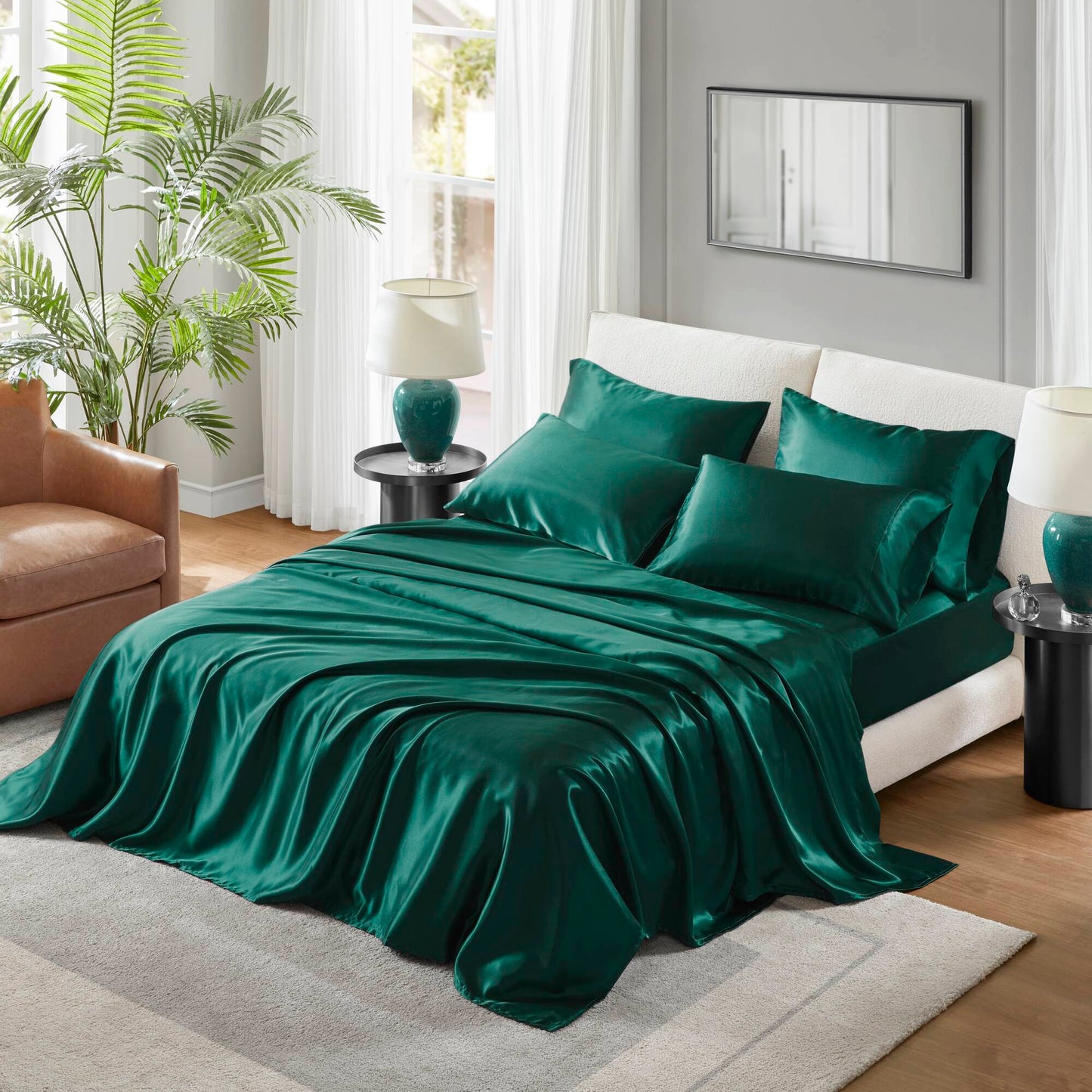 Twin Satin Sheet Set - 100% Polyester, Wrinkle-Free, Fitted for 16-Inch Deep, Flat 66x96, Emerald