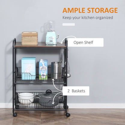 Walnut 3 Tier Rolling Kitchen Island Cart With Baskets