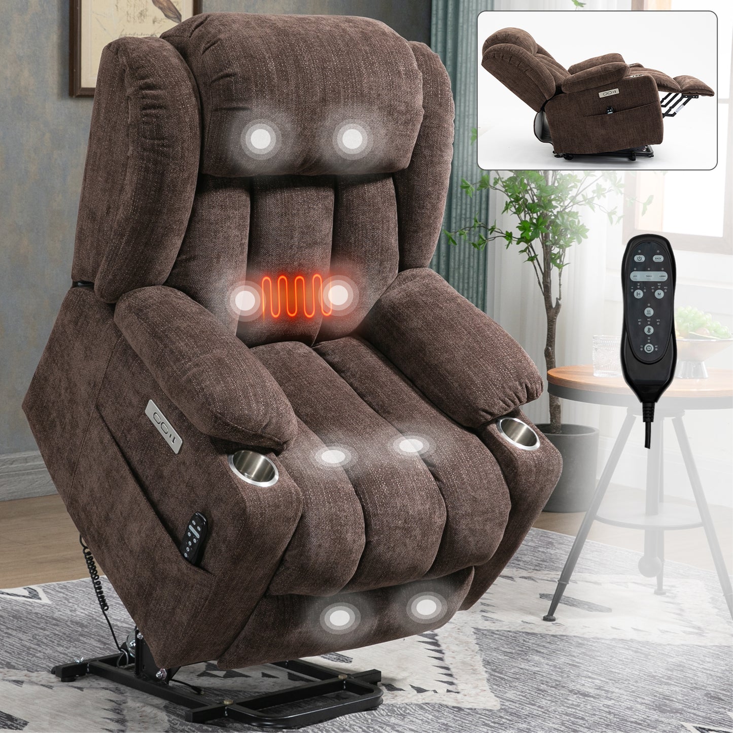 Heavy-Duty Power Lift Recliner with 8-Point Massage, Lumbar Heat, USB-C/USB-A, 350 LBS, 155° Recline, Brown